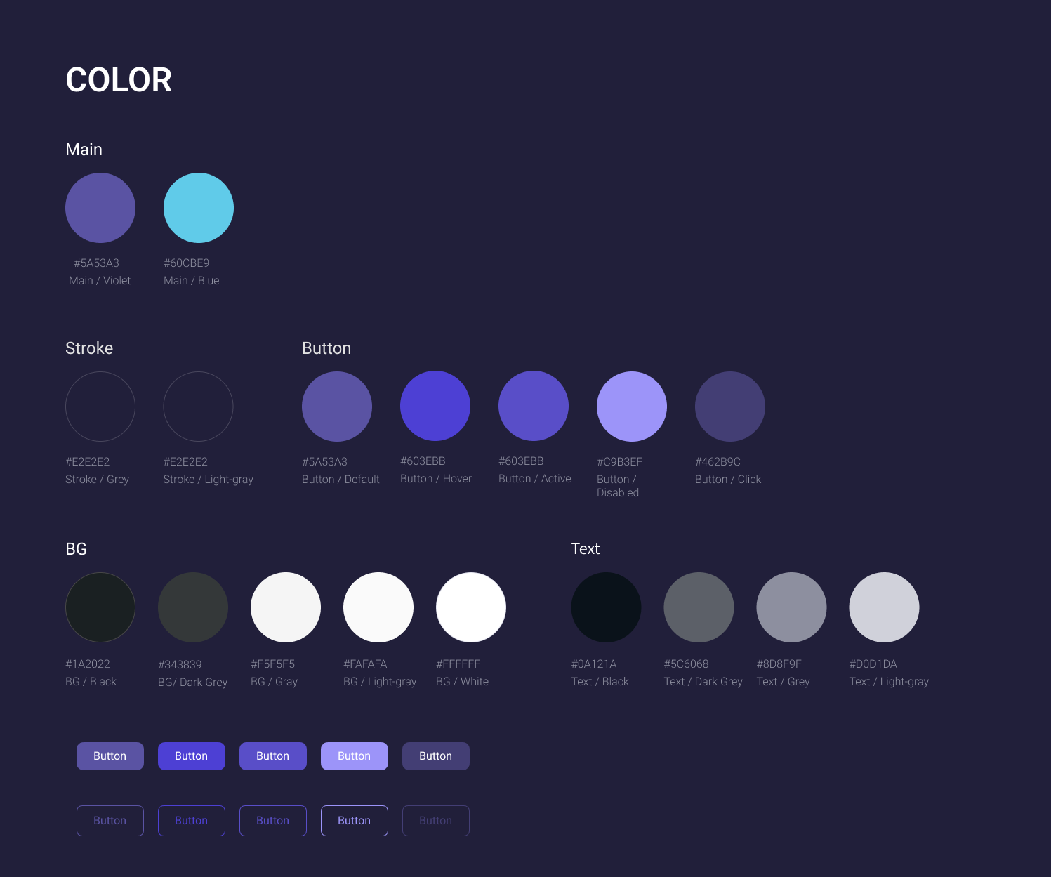 Voorlo color system: main palette, stroke, button states, background and text colors